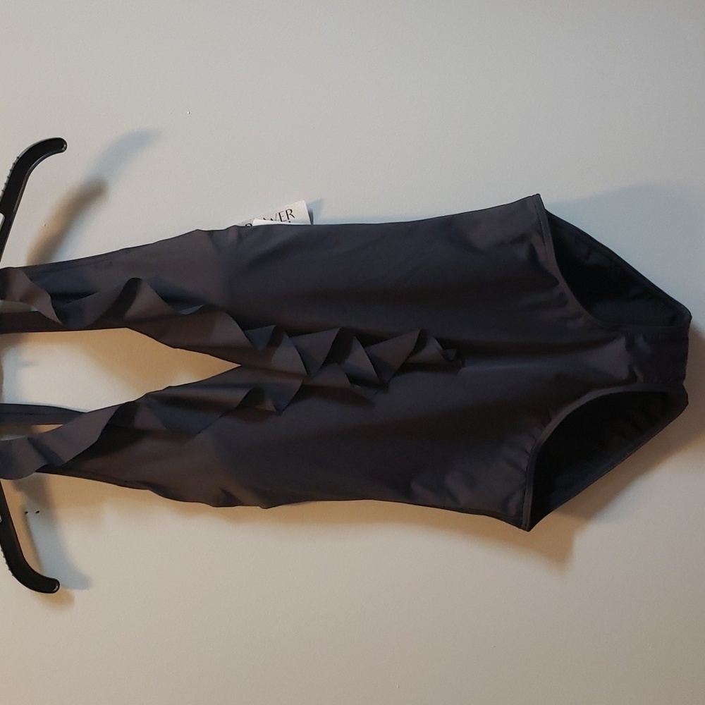 Togs Black Ruffle Front One Piece Swimsuit with Power Mesh, 8
